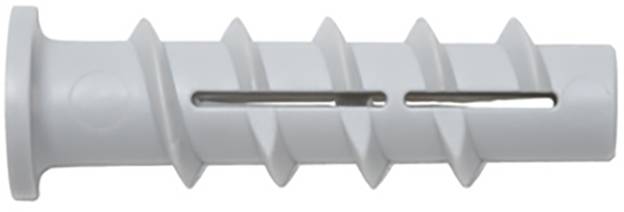 Ein grauer Dübel mit spiralförmigen Rillen und seitlichen Öffnungen, bereit zur Befestigung in festen Wänden.