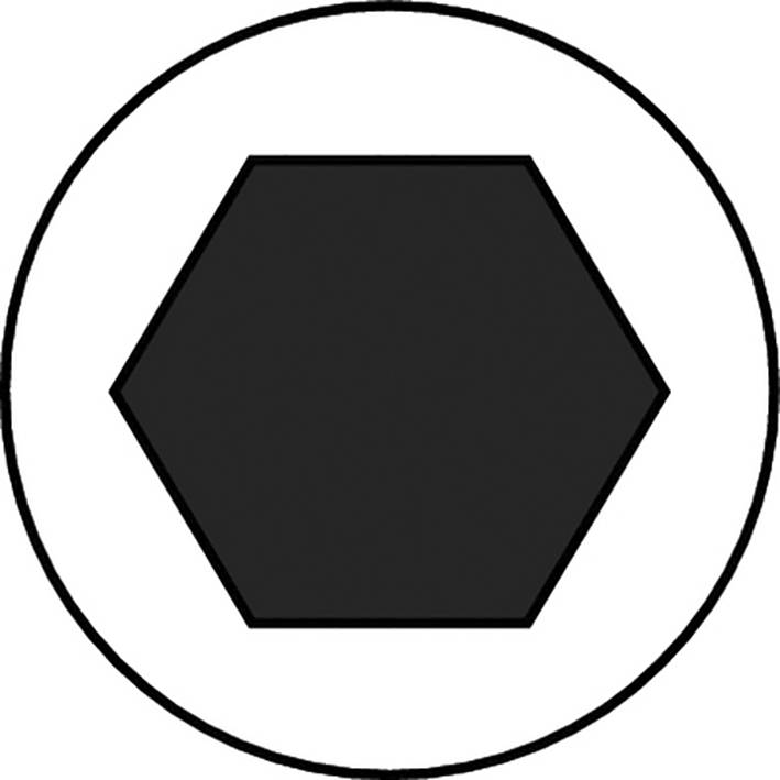 Ein schwarzes Sechseck in einem weißen Kreis auf weißem Hintergrund. Geometrische, kontrastreiche Darstellung.