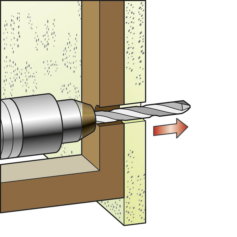Eine Bohrmaschine bohrt ein Loch durch eine Wand. Der Bohrer zeigt nach rechts und durchdringt das Material.