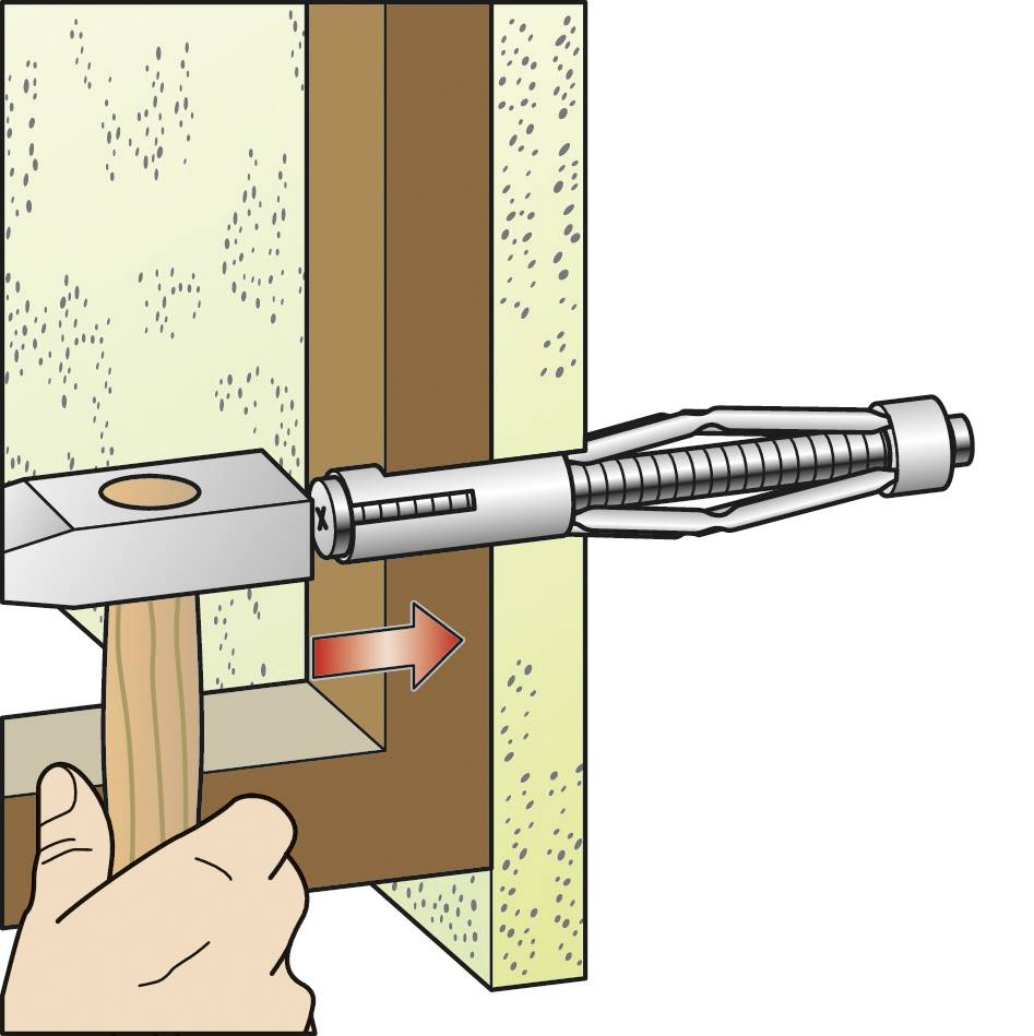 Illustration eines Wandankers im Querschnitt: Ein Hammer treibt den Anker durch die Wand, um eine sichere Befestigung zu ermöglichen.