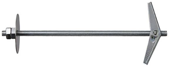 Ein Klappdübel mit langem Metallstab, Unterlegscheibe und Mutter. Wird verwendet, um Gegenstände an Hohlwänden zu befestigen.