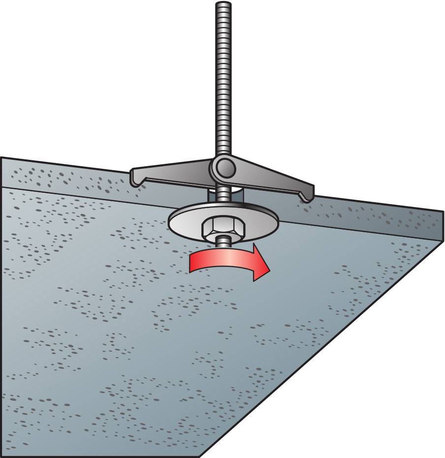 Schraube mit Flügelmutternmechanismus durch einen Deckenanker gedreht. Roter Pfeil zeigt Richtung des Drehens an.