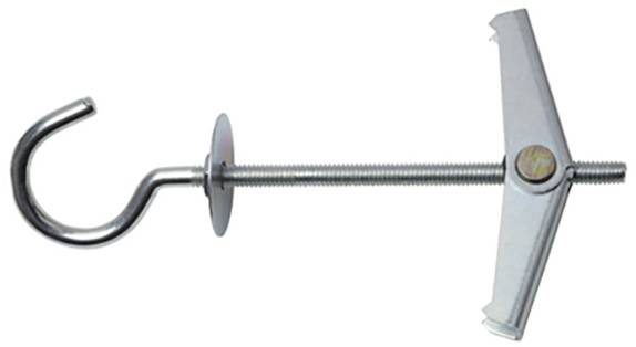 Metallischer Schmetterlingsdübel mit Haken und Gewindestange, verwendet zur Befestigung in Hohlräumen oder an Gipskartonwänden.