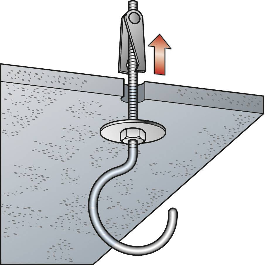 Die Abbildung zeigt einen Haken, der durch eine Decke mit einem Dübel befestigt ist. Ein Pfeil weist nach oben, weist auf Anziehen des Hakens hin.