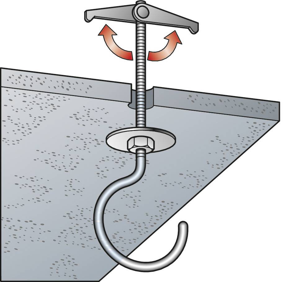 Eine Abbildung zeigt einen Deckenhaken mit Kippanker, der sich durch Drehen des Schraubmechanismus in der Decke verankert.