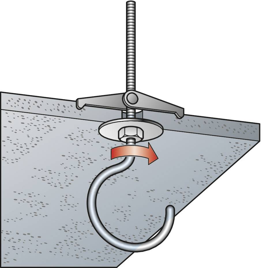 Ein Haken wird durch eine Deckenhalterung befestigt. Eine Schraube mit Mutter und Flügeln zieht den Haken an die Decke. Ein Pfeil zeigt die Drehbewegung an.