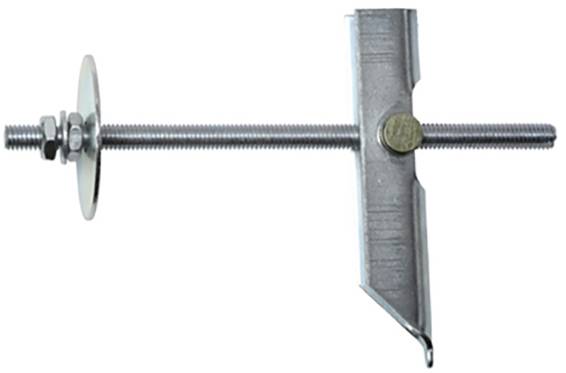 Metallischer Balkenschuh, bestehend aus einer Gewindestange mit zwei runden Unterlegscheiben und einem drehbaren Halteelement für Balken.