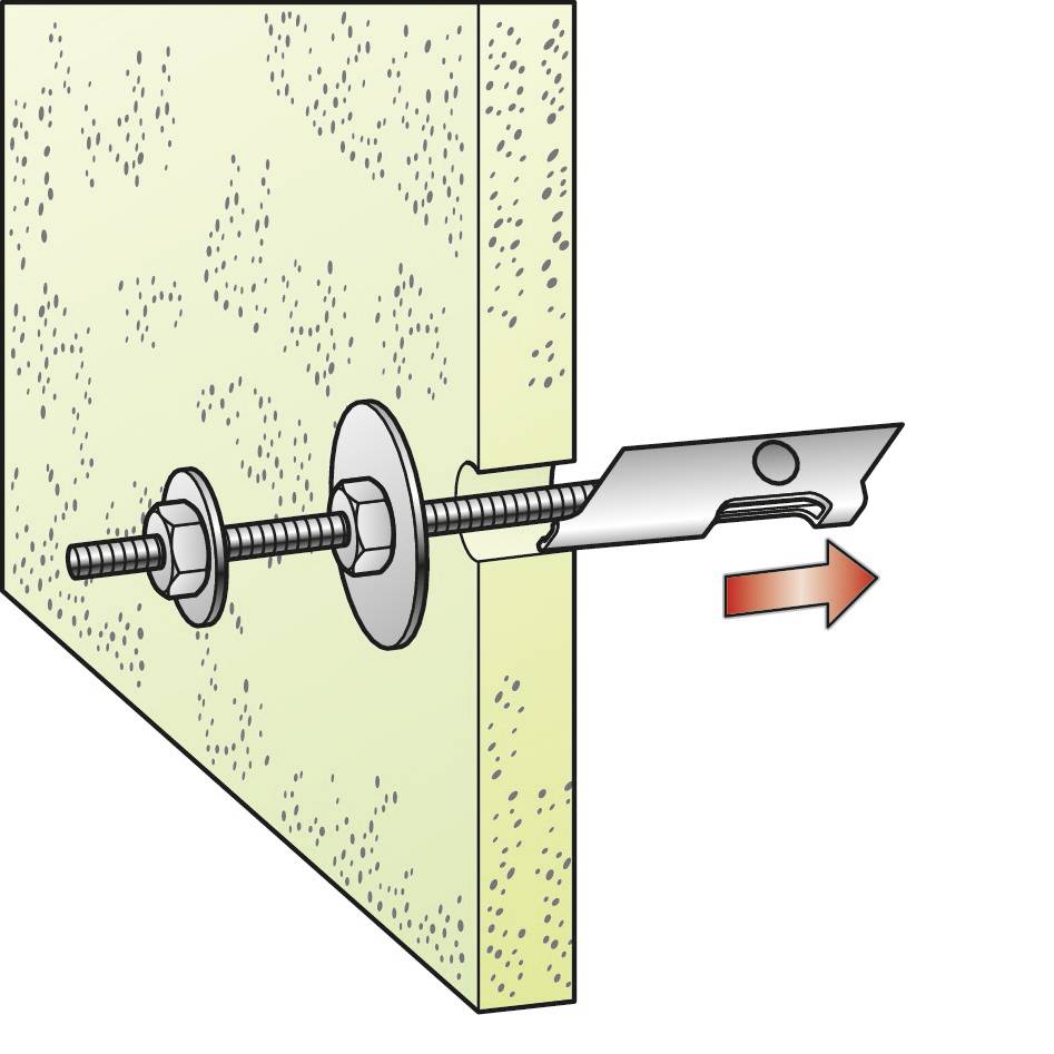 Eine Schraube mit zwei Unterlegscheiben und Mutter befestigt ein Lochblech an einer Wand; ein Pfeil zeigt eine Zugkraft auf das Blech an.