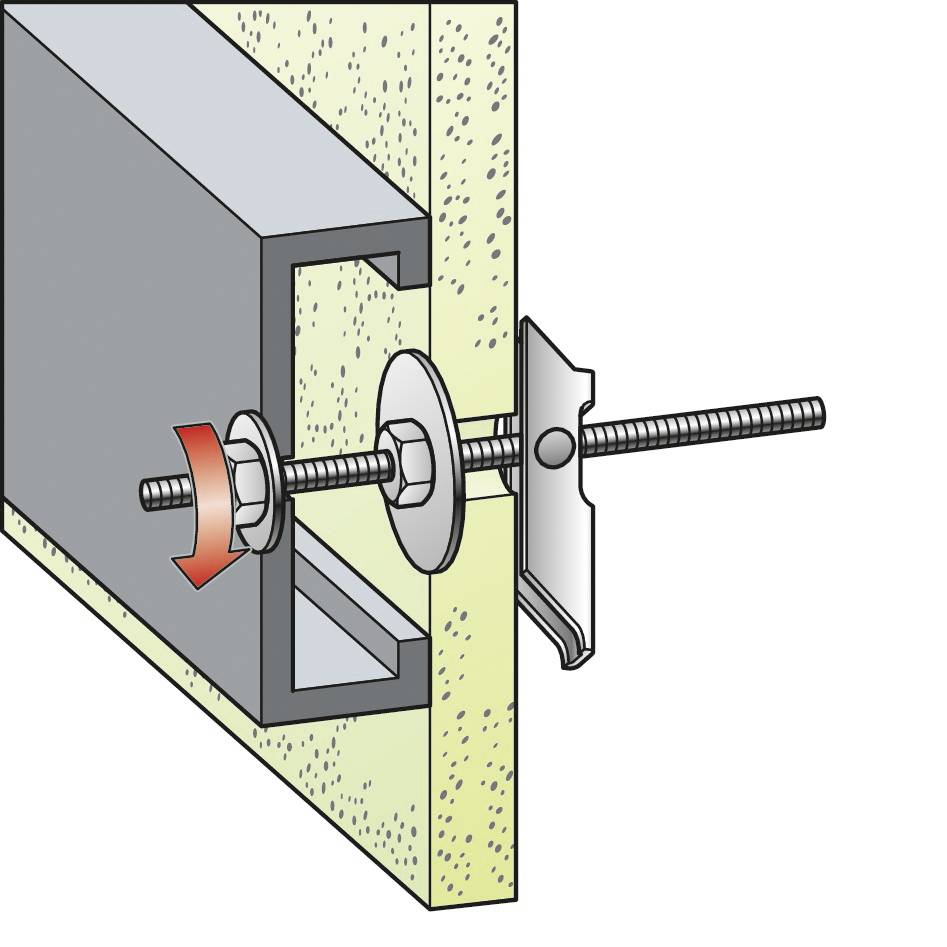 Illustration zeigt die Montage einer Metallklemme an einer Wand mit Schraube und Mutter. Ein roter Pfeil signalisiert das Festziehen der Mutter.