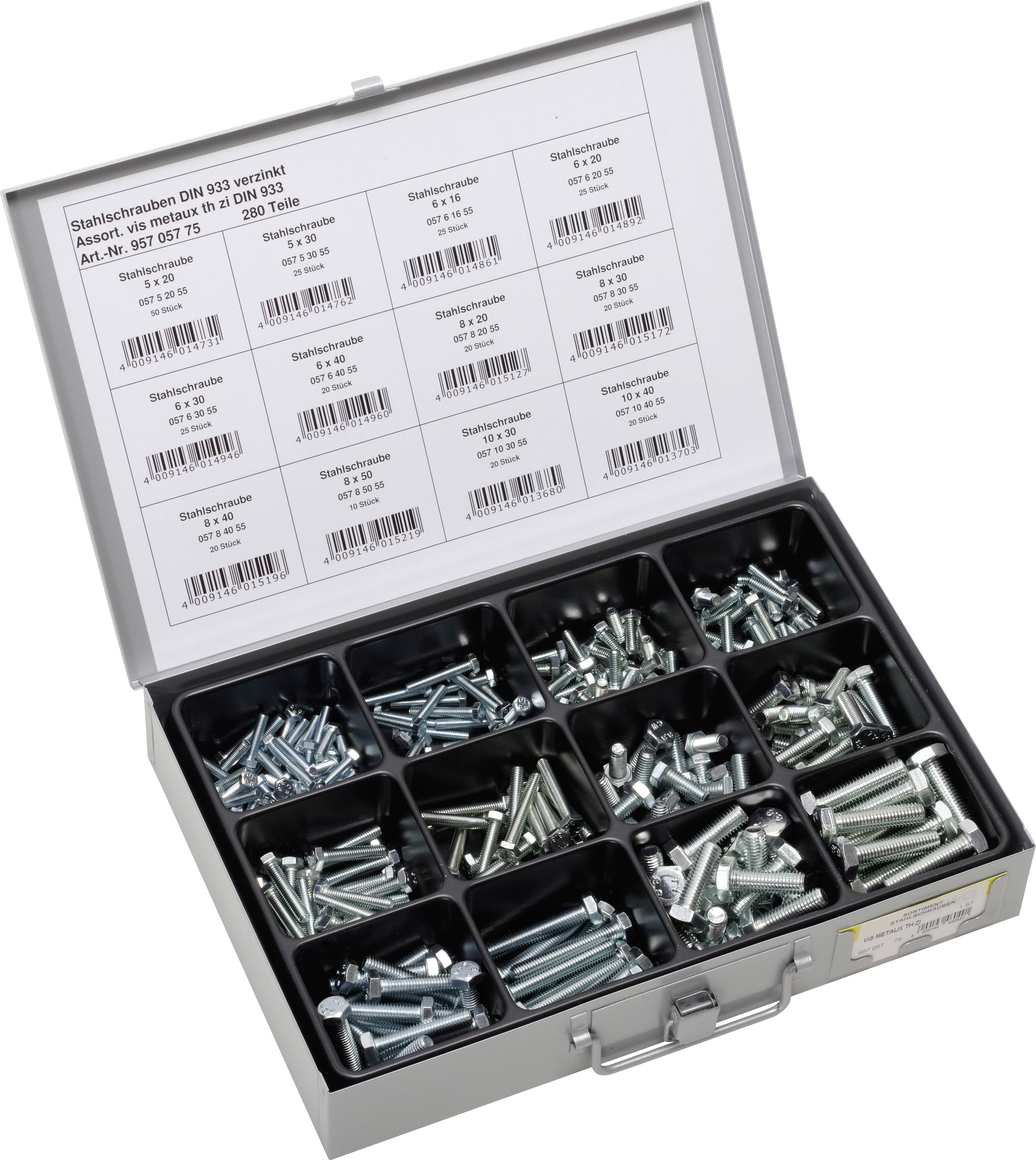 Ein offener Metallkoffer mit mehreren Fächern, gefüllt mit Schrauben. Ein Etikett auf dem Deckel listet Artikelnummern und -beschreibungen.
