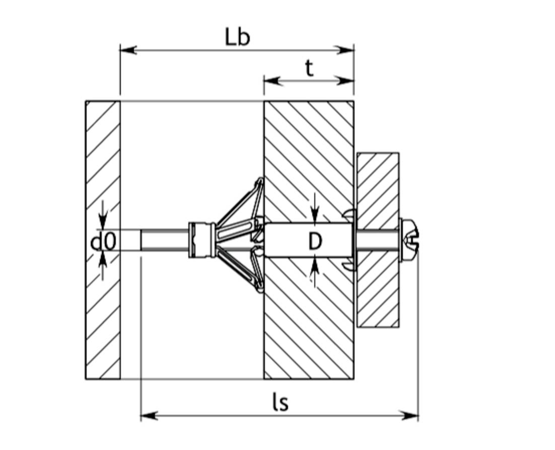Technische Zeichnung eines Bolzenverbinders mit Maßen: 'Lb', 't', 'd0', 'D', 'ls'. Querschnitt zeigt Montageposition.