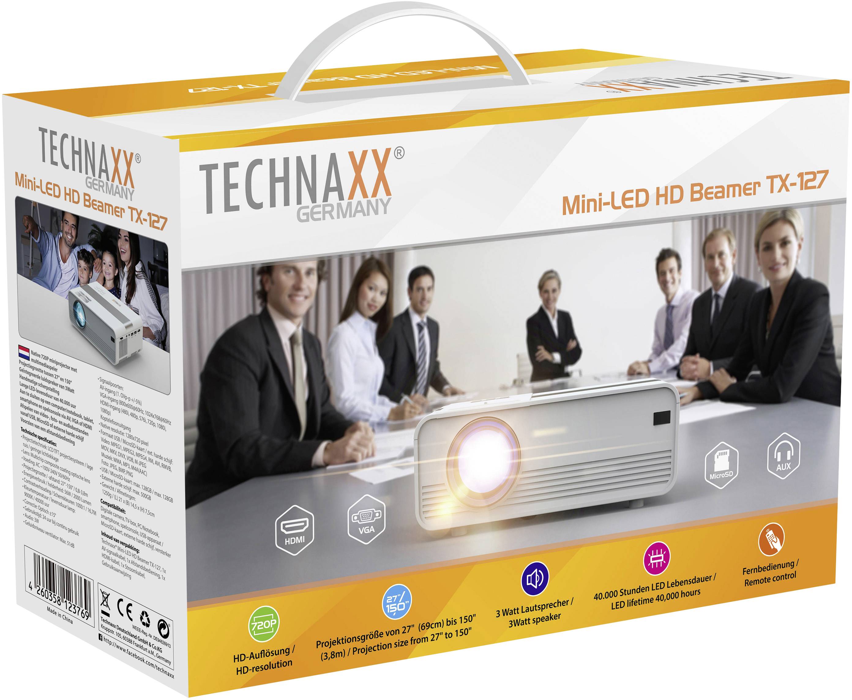 Verpackung eines Mini-LED HD Beamers der Marke 'Technaxx Germany'. Zeigt den Beamer, Spezifikationen und ein Büro mit Menschen im Hintergrund.