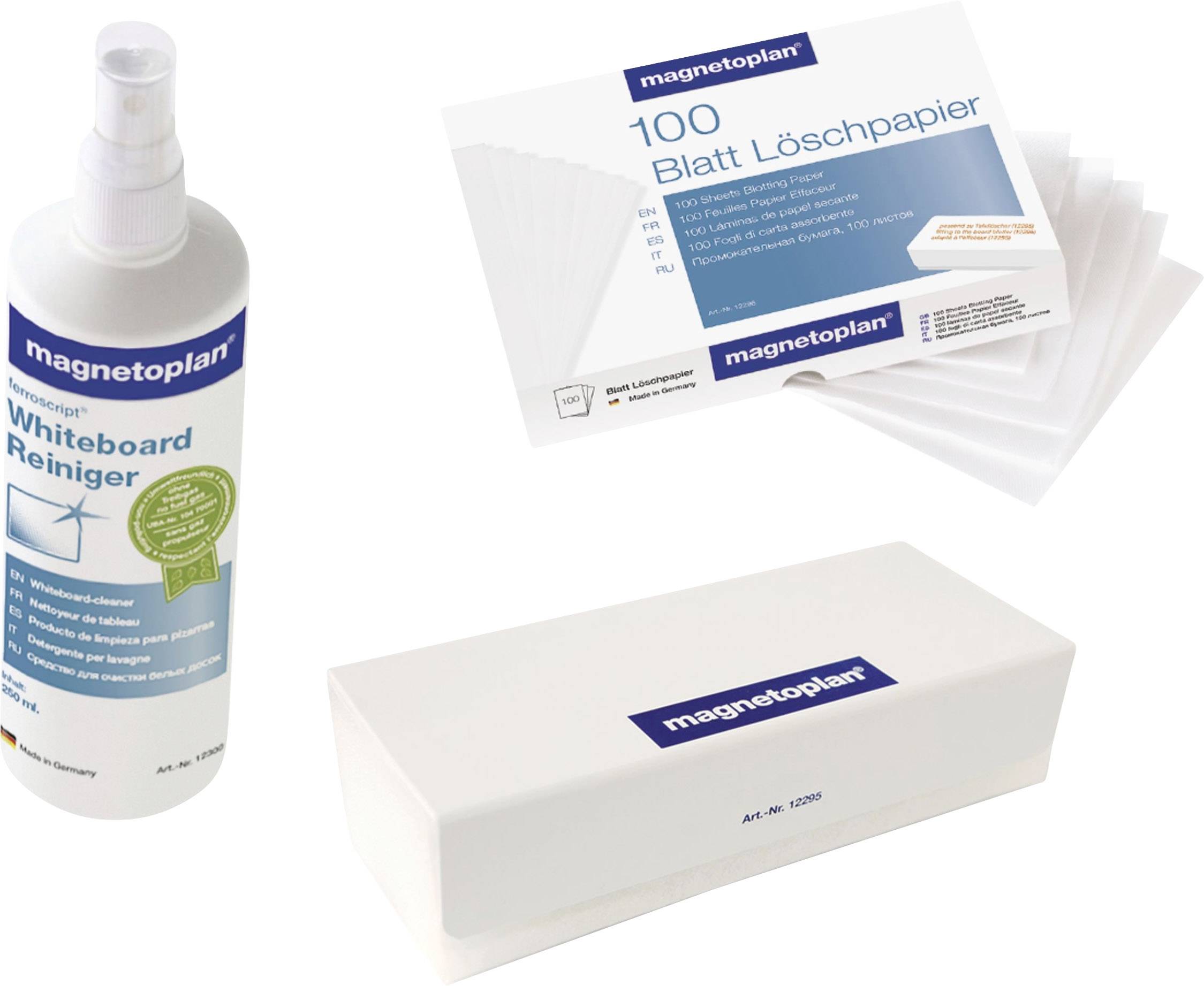 Eine Flasche Whiteboard-Reiniger, 100 Blatt Löschpapier und ein Radiergummi, alle von magnetoplan. Geeignet für Whiteboards.
