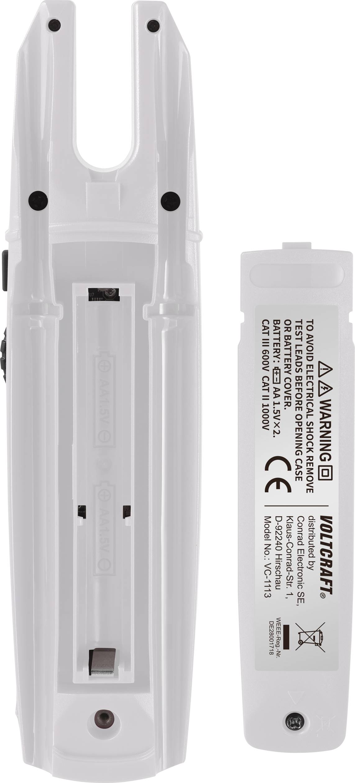 Leeres Batteriefach eines Voltcraft Geräts, Abdeckung mit Sicherheits- und Unternehmensinformationen.