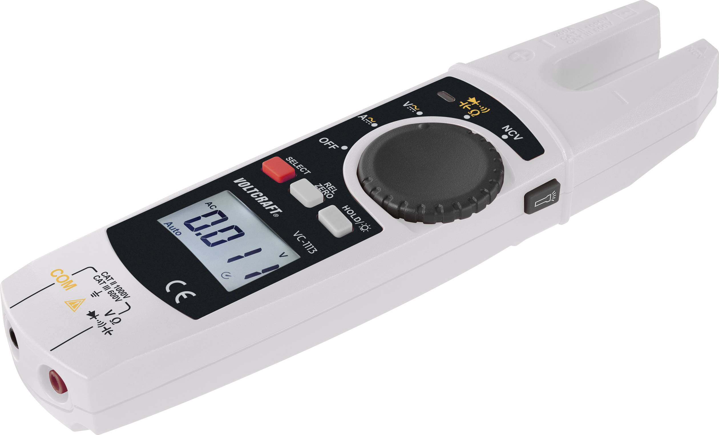 Digitales Multimeter in Stiftform, zeigt eine Messung von 0,01 an. Es hat Drehknopf, Display und Tasten für verschiedene Messfunktionen.