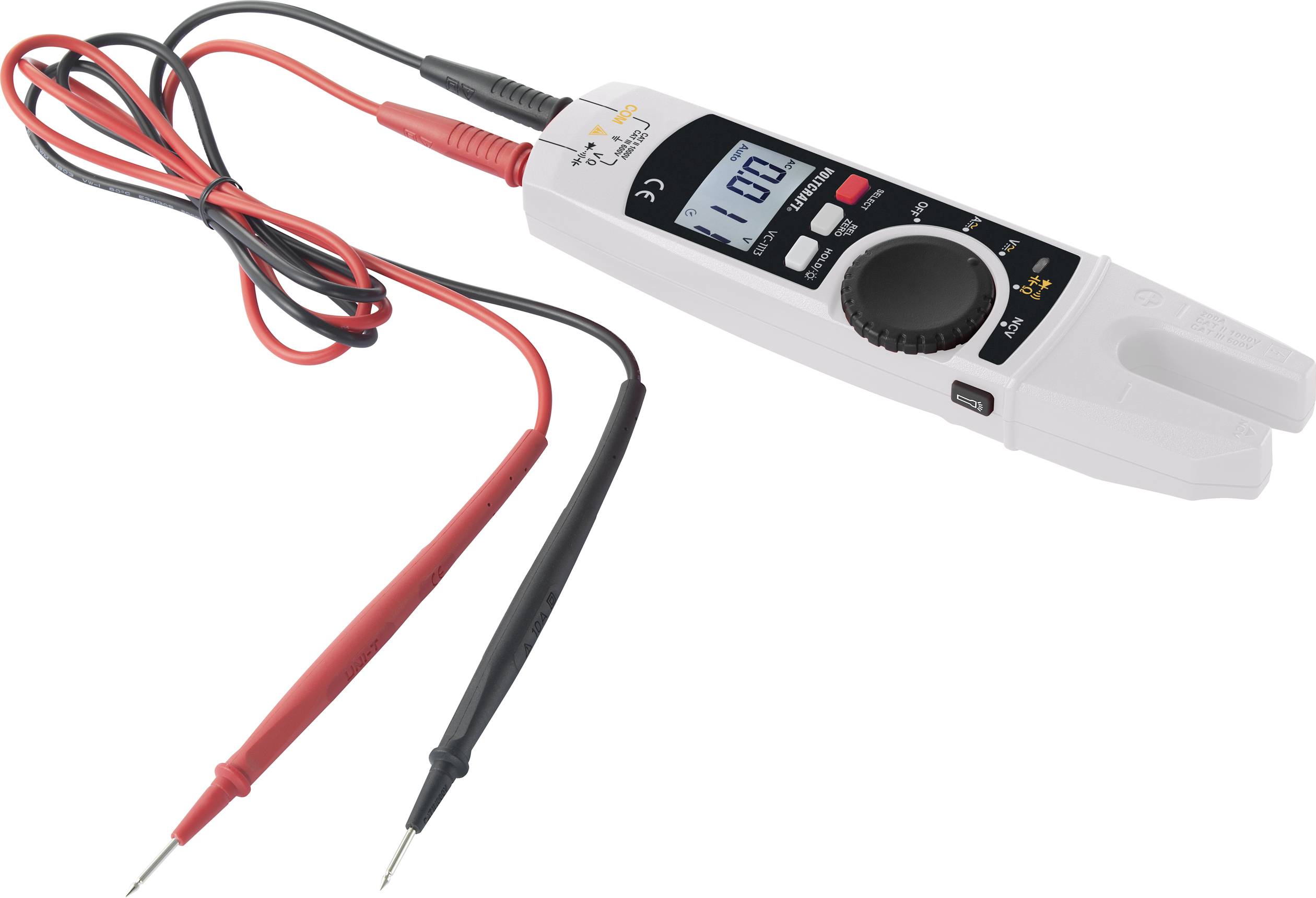 Ein digitales Multimeter mit rotem und schwarzem Messfühler, zeigt '00' auf dem Display an, geeignet für elektrische Messungen.