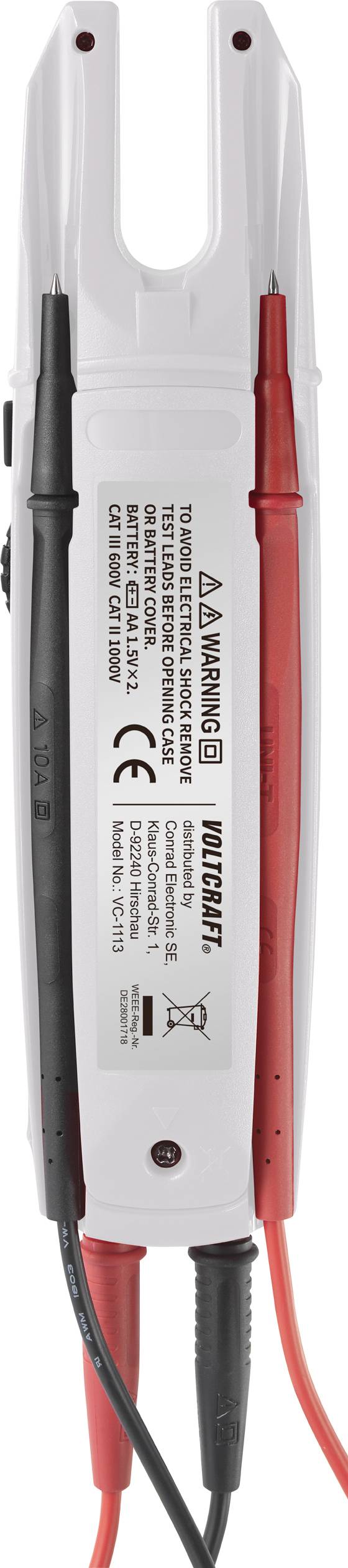 Ein weißes elektrisches Prüfgerät mit einer roten und einer schwarzen Sonde, aufgedruckte Warnsymbole und Herstellerinformationen.