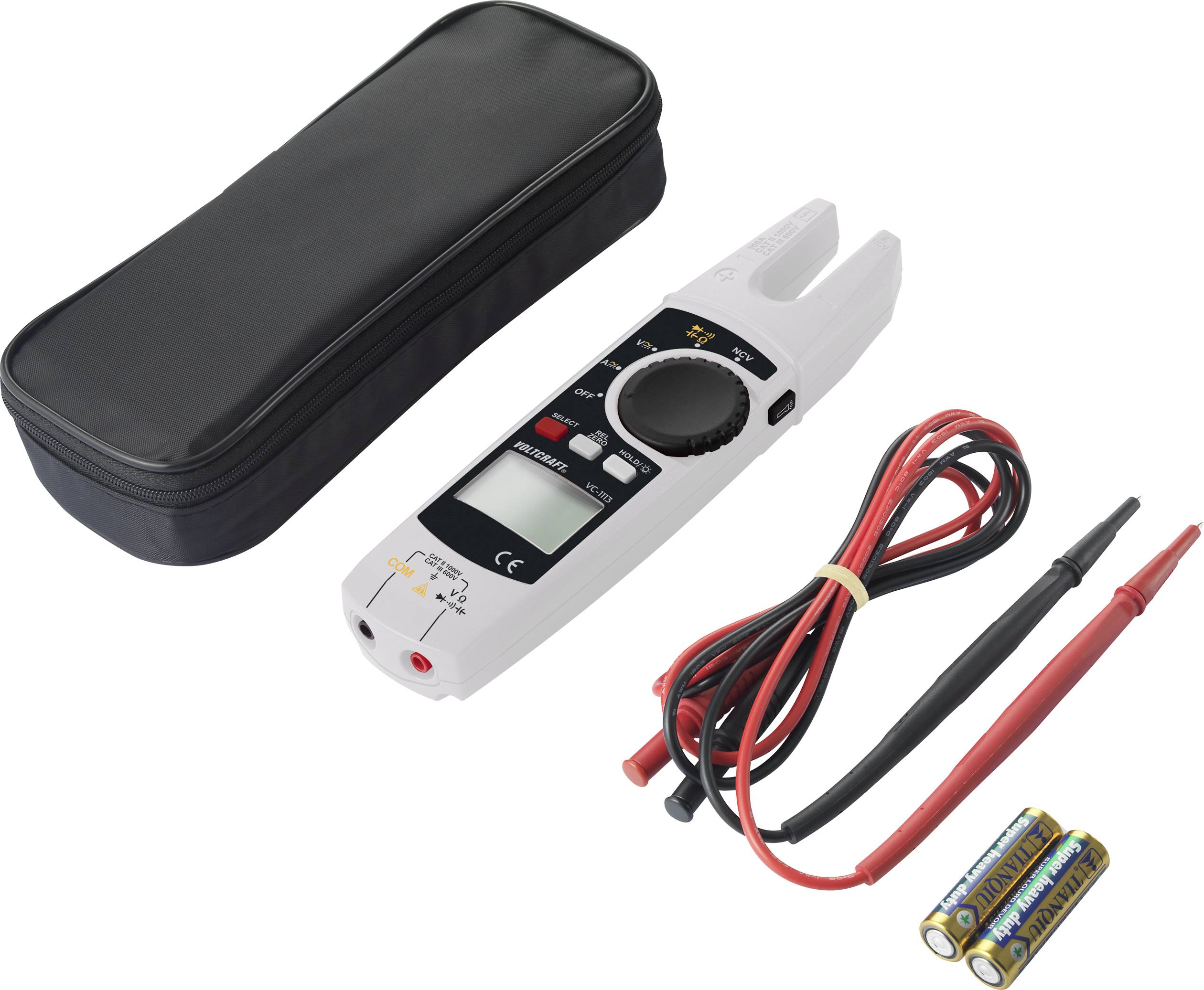 Multimeter mit Zubehör: Enthält Gerät, rote und schwarze Prüfspitzen, zwei Batterien und eine schwarze Tragetasche.