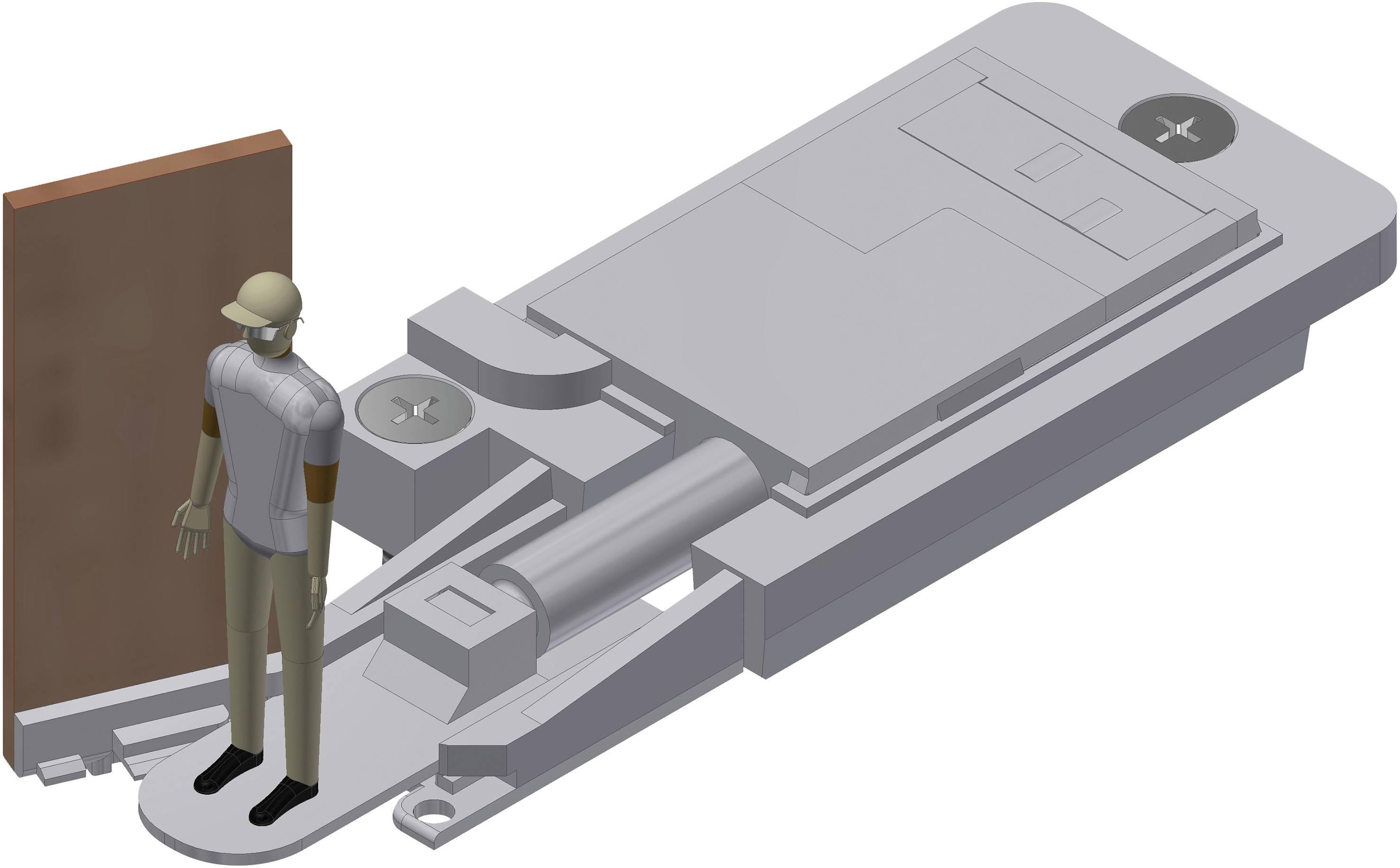 3D-Darstellung eines verdeckten Scharniers mit stilisierter Figur zur Größenveranschaulichung. Das Scharnier ist an einer Holztür montiert.
