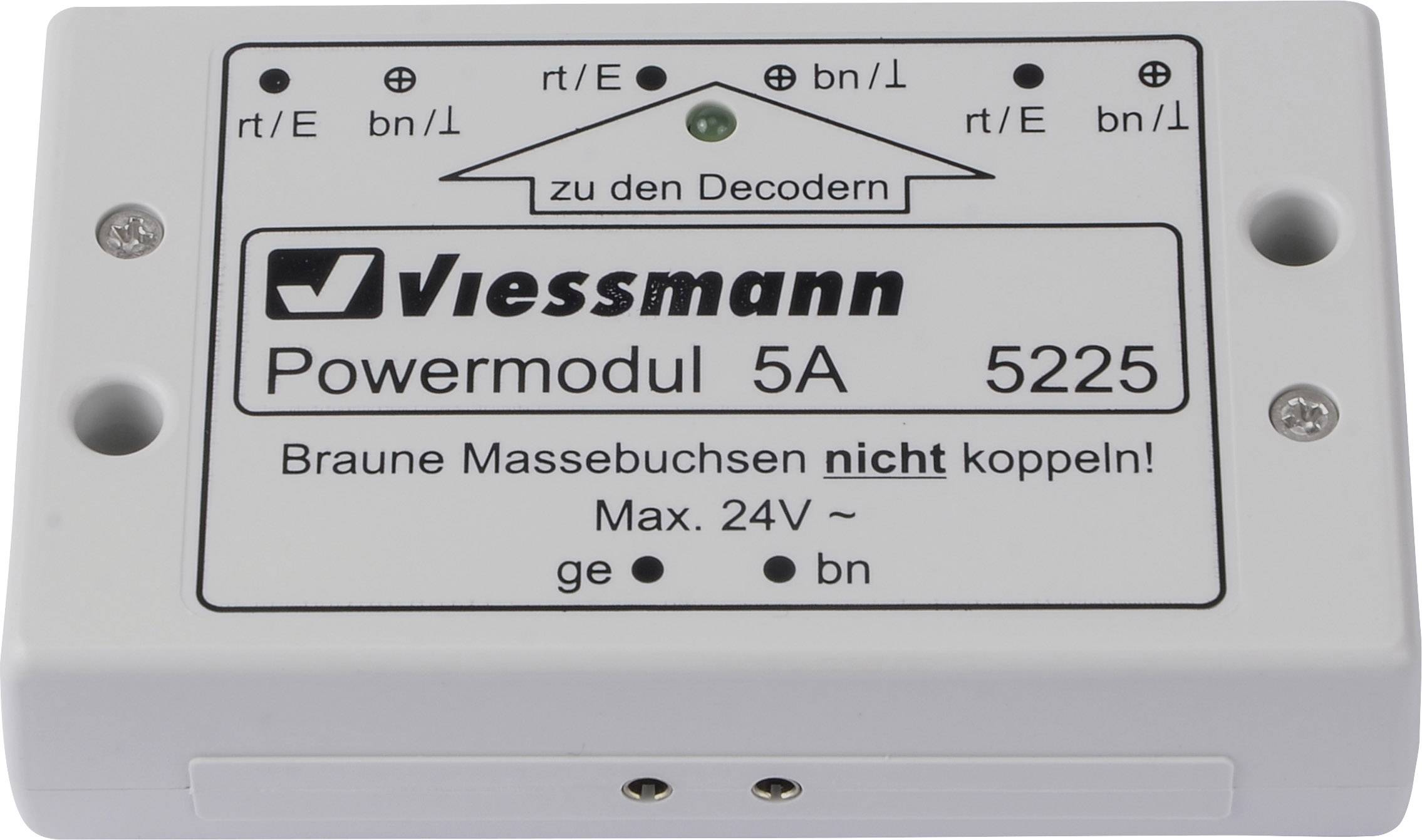 'Viessmann Powermodul 5A 5225', Hinweis: 'Braune Massebuchsen nicht koppeln! Max. 24V ~', Richtungspfeil 'zu den Decodern'.