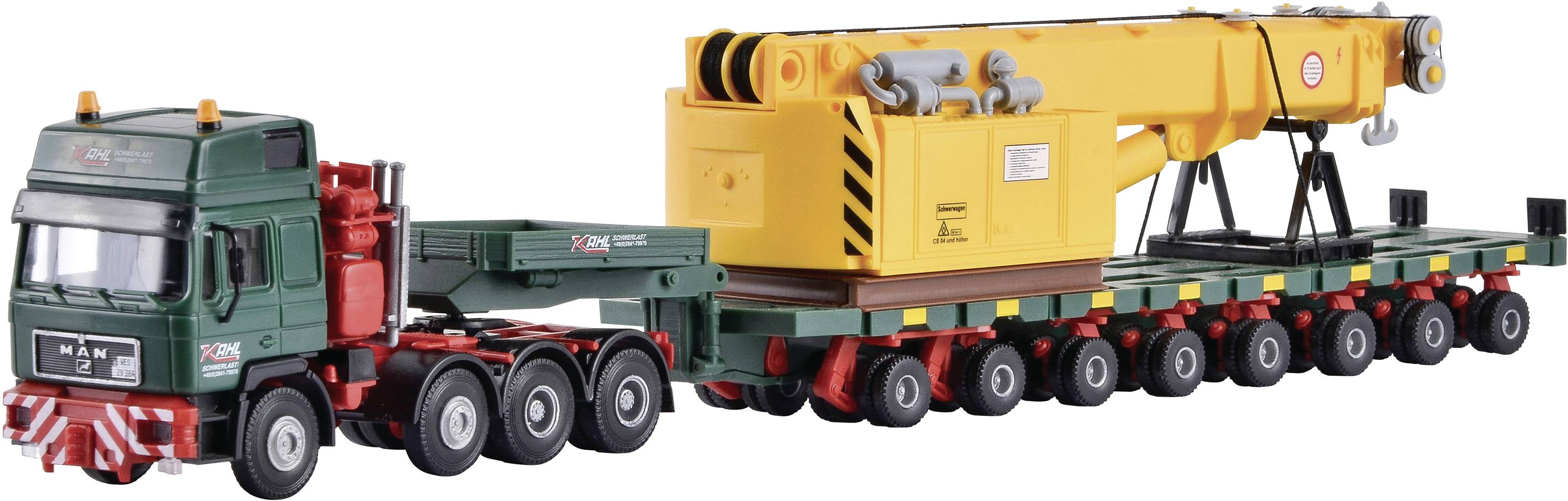 Kibri 13600 H0 LKW Modell MAN SK mit Scheuerle Plattformwagen mit Schienenkran-Oberteil