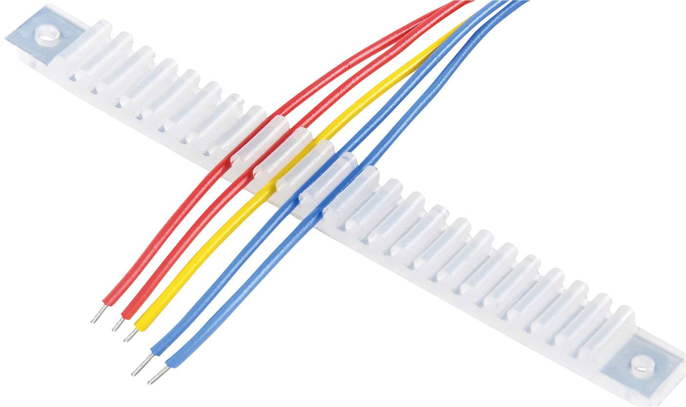 Kunststoffklemmen verbinden blaue, rote und gelbe Drähte in einem X-Layout.