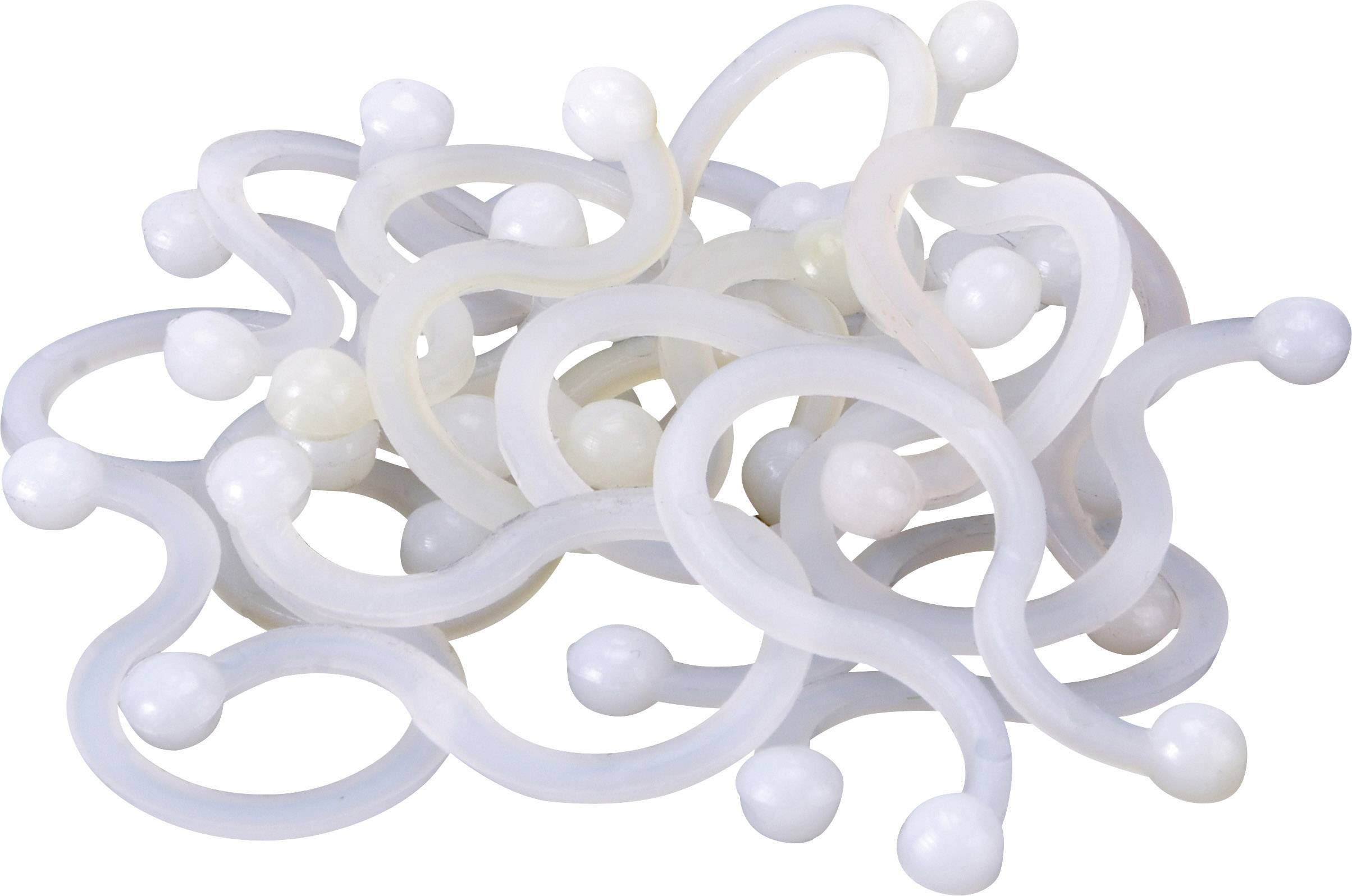 Ein Haufen weißer Silikonschlaufen mit Kugeln an den Enden, die ineinander verschlungen sind.