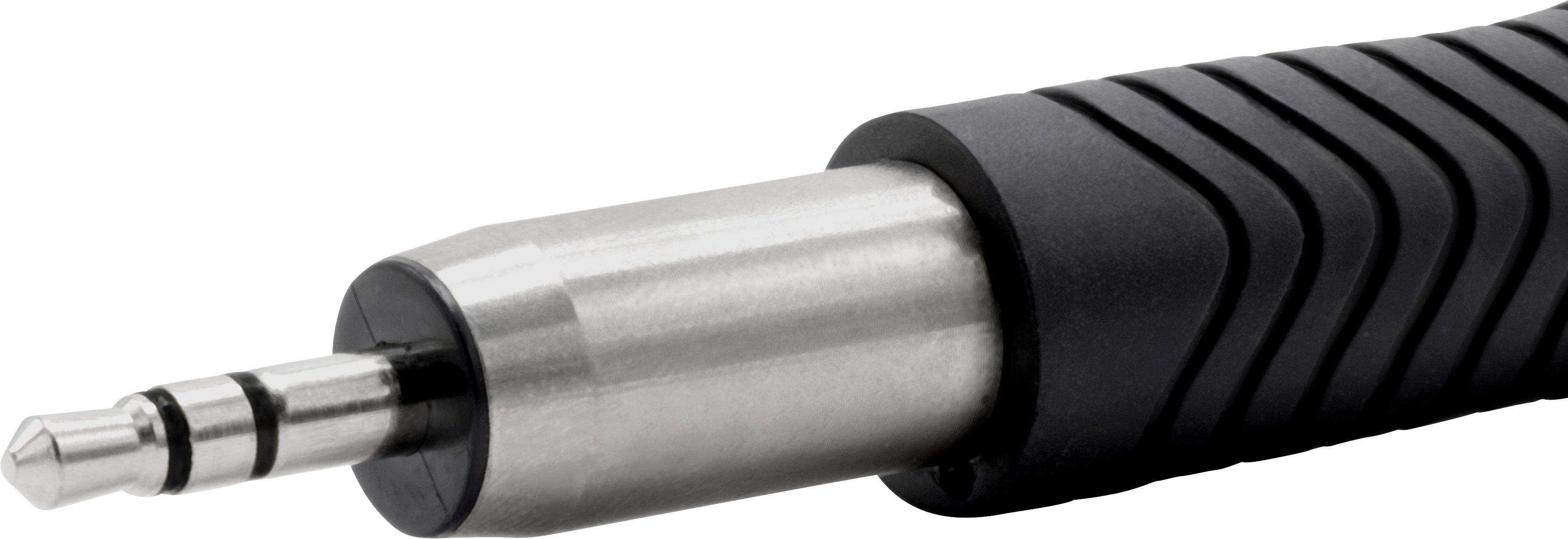 Nahaufnahme eines 3,5-mm-Klinkensteckers mit geripptem schwarzen Griff, hauptsächlich verwendet für Audioverbindungen.