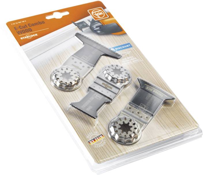 Verpackung mit drei STARLOCK E-Cut Combo Wood Sägeblättern für Holz. Enthält Angaben zu Größe und Anwendung, auf einem Holzuntergrund präsentiert.