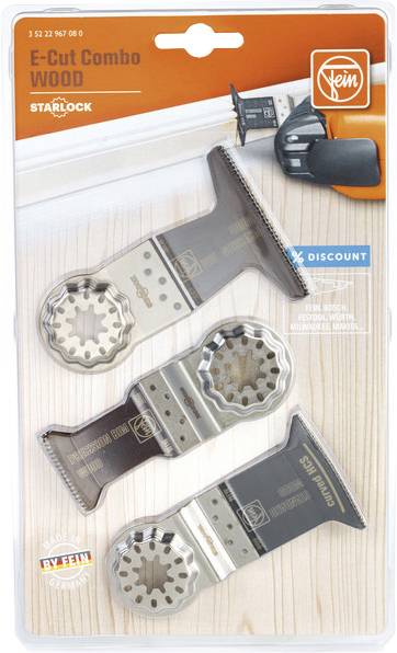 Verpackung mit drei E-Cut-Klingen für Holzbearbeitung kompatibel mit Starlock-System. Markenname oben links, Rabattaufkleber rechts.