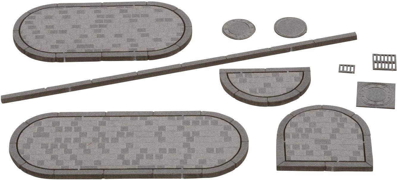 Bausatz aus grauen Pflastersteinteilen in verschiedenen Formen und Größen, bereit zur Montage. Enthält ovale und runde Steine sowie Streifen.