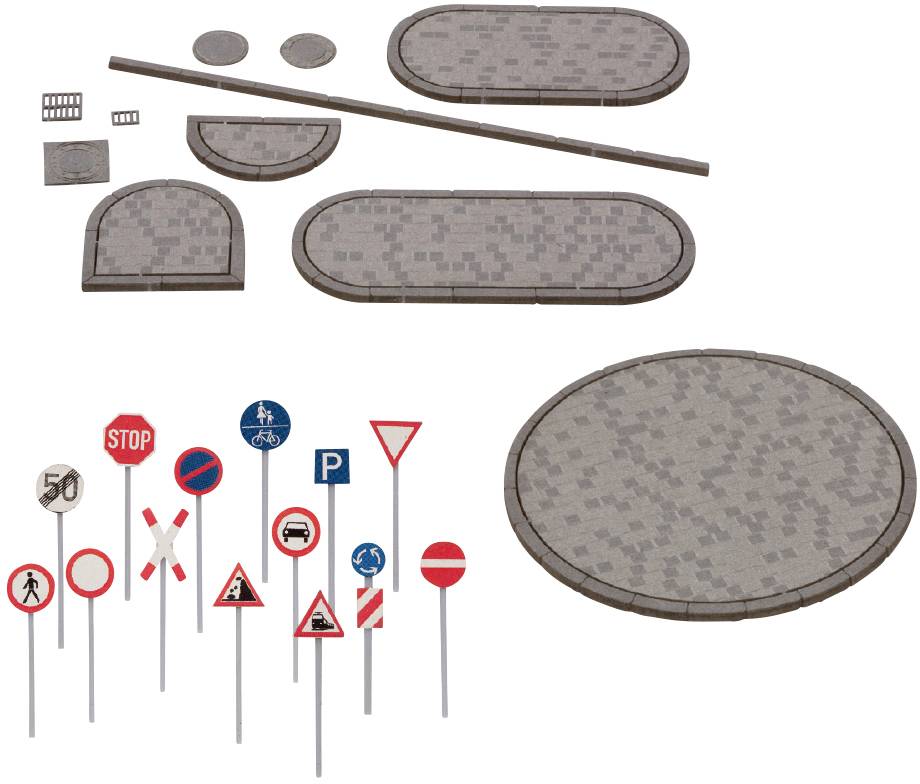 Straßenschild-Set mit Modellstraßenfliesen und verschiedenen Verkehrszeichen, einschließlich Stoppschild, Parken, Vorfahrt.