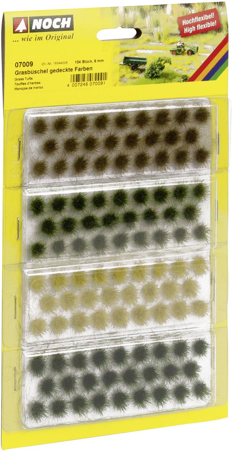 Gelbe Verpackung mit Grasbüscheln in gedeckten Farben. Oben rechts steht 'Hochflexibel'. Enthält 100 Stück in vier unterschiedlichen Grüntönen.