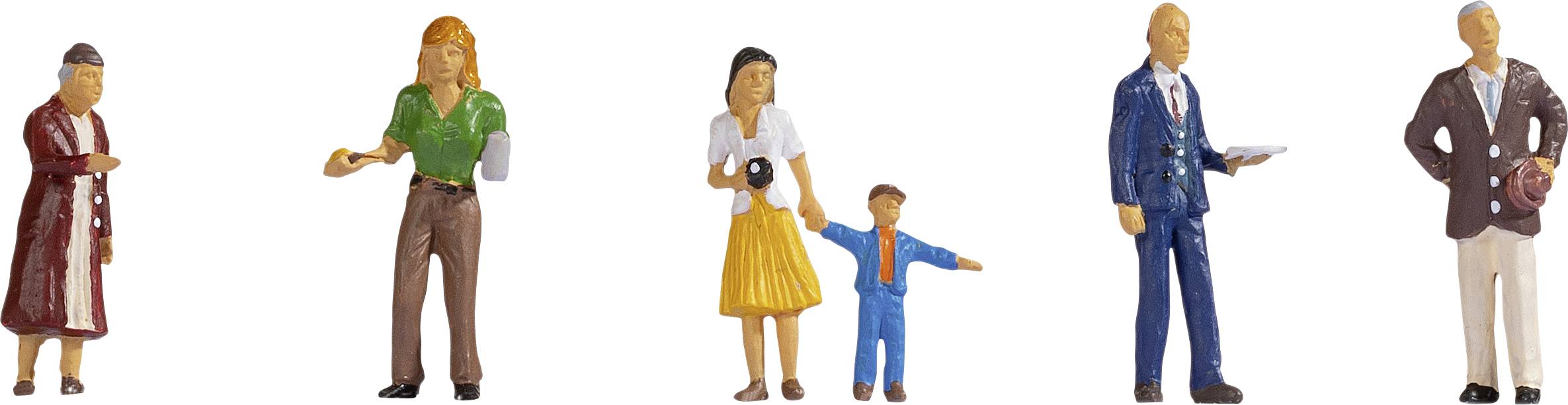 Sechs Spielfiguren aus Kunststoff in verschiedenen Posen: eine Frau mit Brille, ein Mann im grünen Hemd, eine Frau mit Kind, und zwei Männer im Anzug.