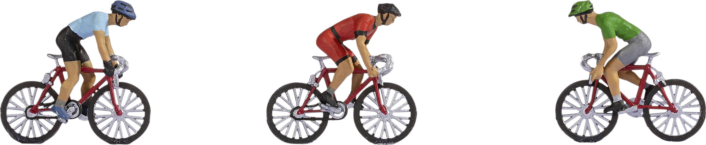 Drei Radfahrer in verschiedenen Trikots (blau, rot, grün) fahren in identischer Position auf roten Fahrrädern nach rechts.