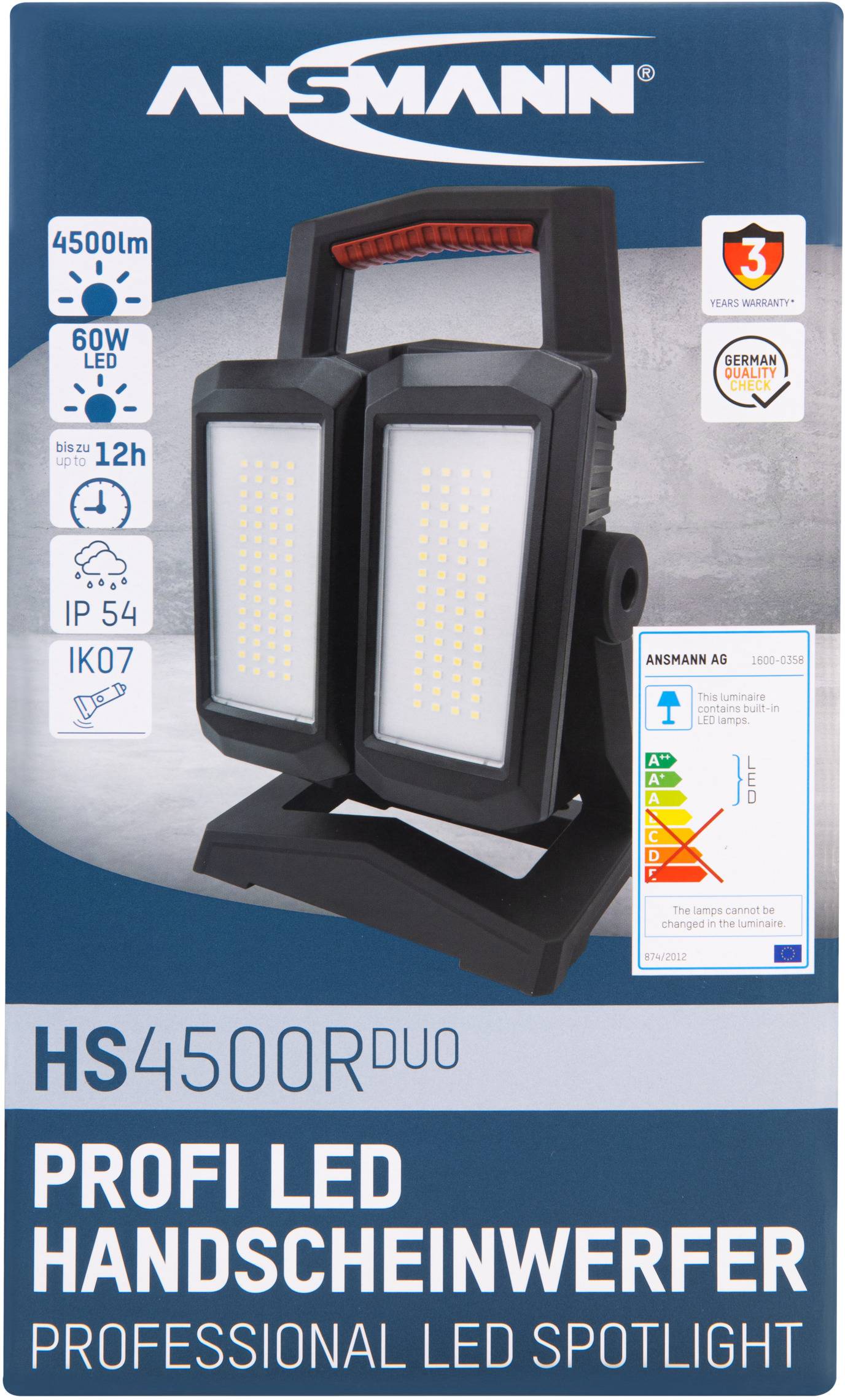 Ansmann 1600-0358 Worklight-HS4500R-DUO-14.8V-5200mAh-cb LED Arbeitsleuchte akkubetrieben 60 W 750 lm, 1500 lm, 3000 lm, 4500 lm