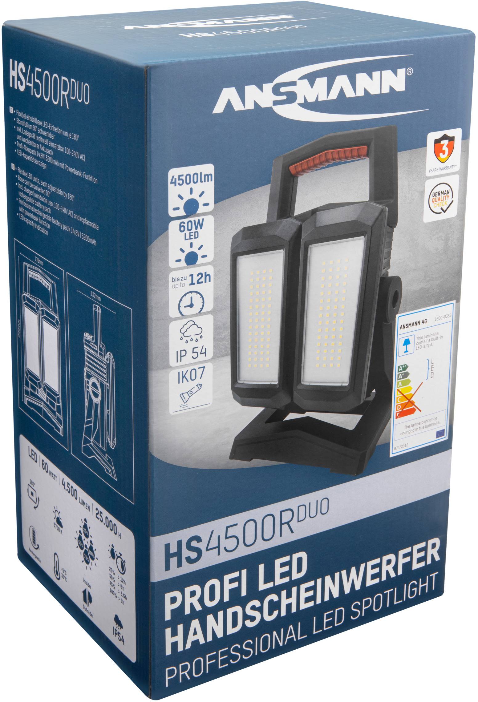 Ansmann 1600-0358 Worklight-HS4500R-DUO-14.8V-5200mAh-cb LED Arbeitsleuchte akkubetrieben 60 W 750 lm, 1500 lm, 3000 lm, 4500 lm