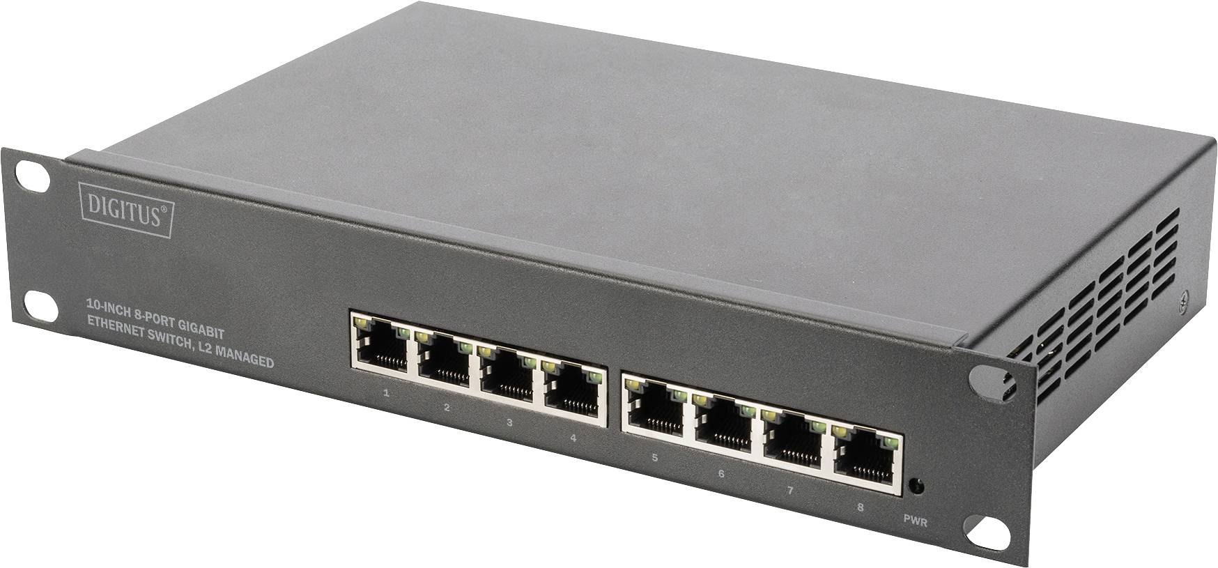 Ein Rackmount-fähiger 8-Port-Gigabit-Ethernet-Switch mit der Aufschrift 'DIGITUS'. Ideal für Netzwerkmanagement in Unternehmen.
