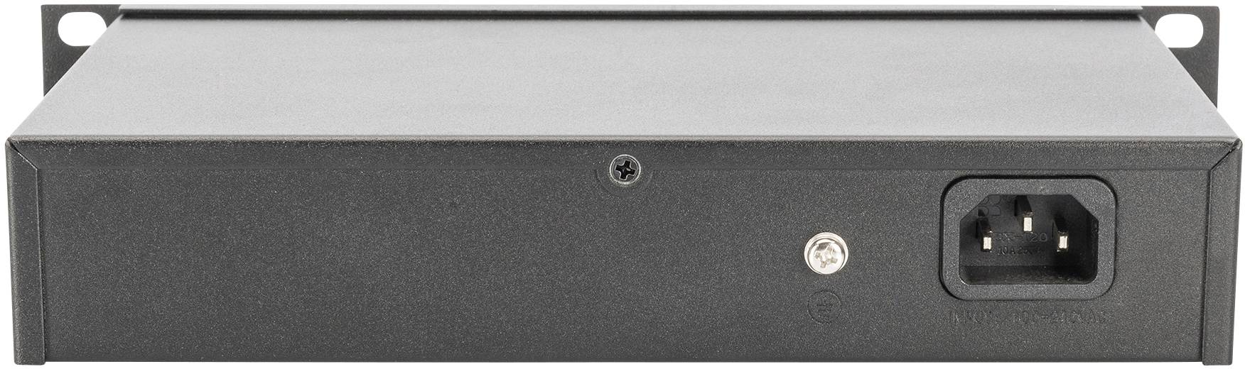 Schwarzer, rechteckiger Netzwerk-Switch mit Metallgehäuse, Rückansicht zeigt Stromanschluss und Schraubenhalterung.
