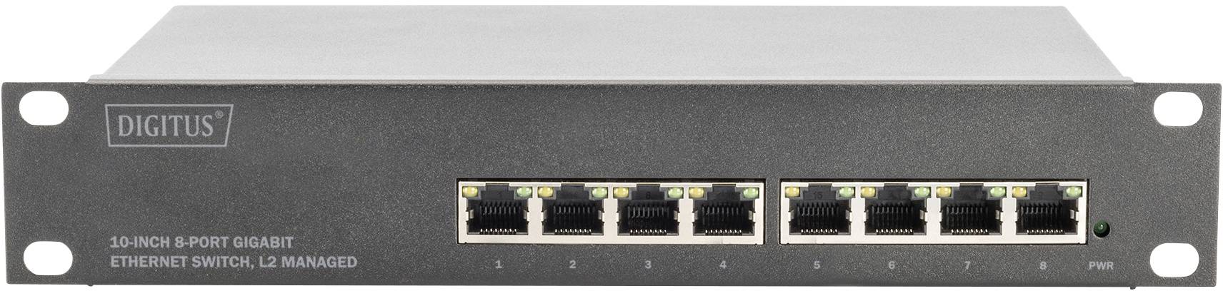 Ein 8-Port-Gigabit-Ethernet-Switch von Digitus, L2-verwaltet, mit allen Anschlüssen an der Vorderseite. Eignet sich für Netzwerkverwaltung.