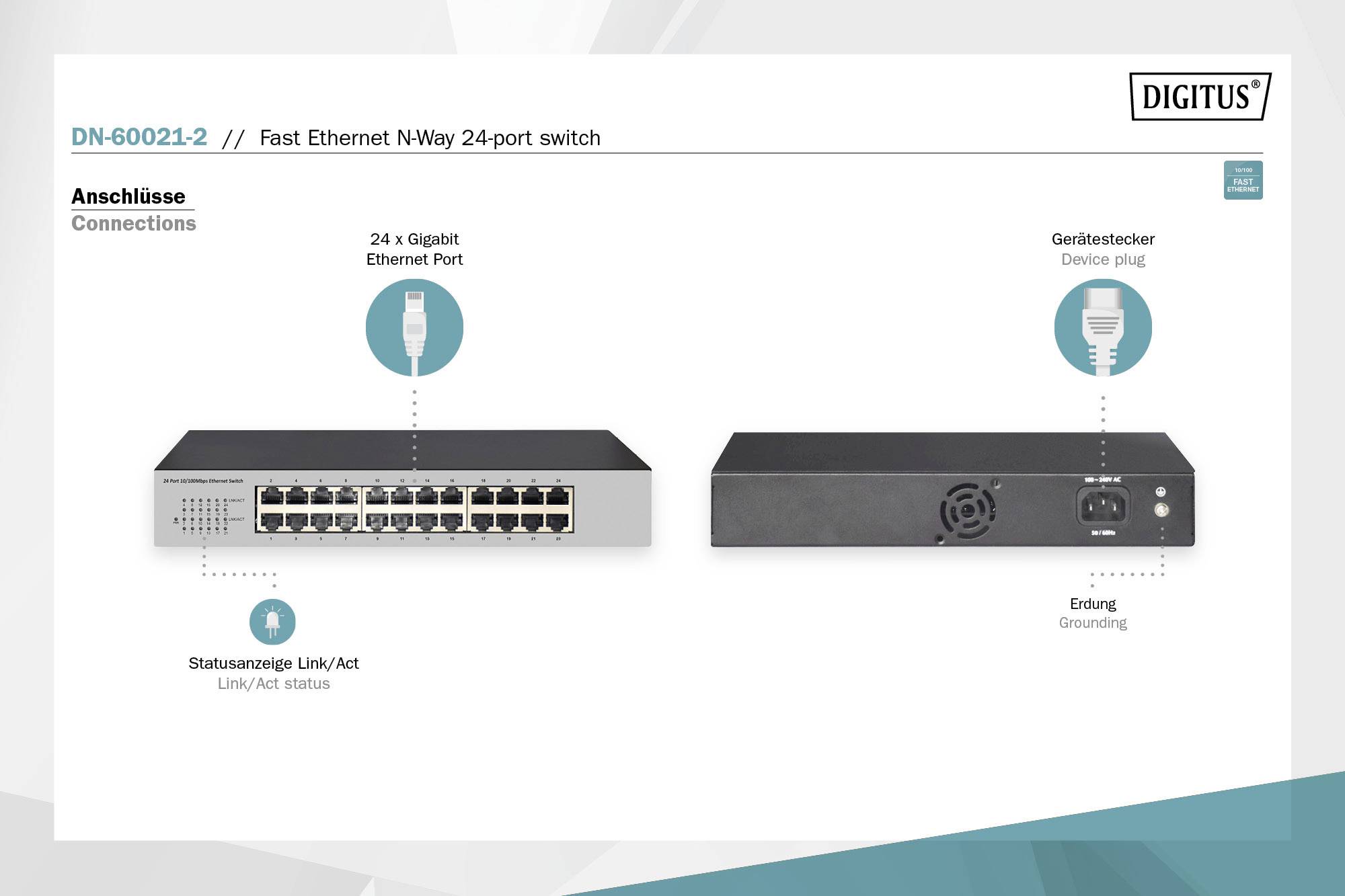 DIGITUS - 24-Port Fast Ethernet Switch, 19 Zoll, Unmanaged