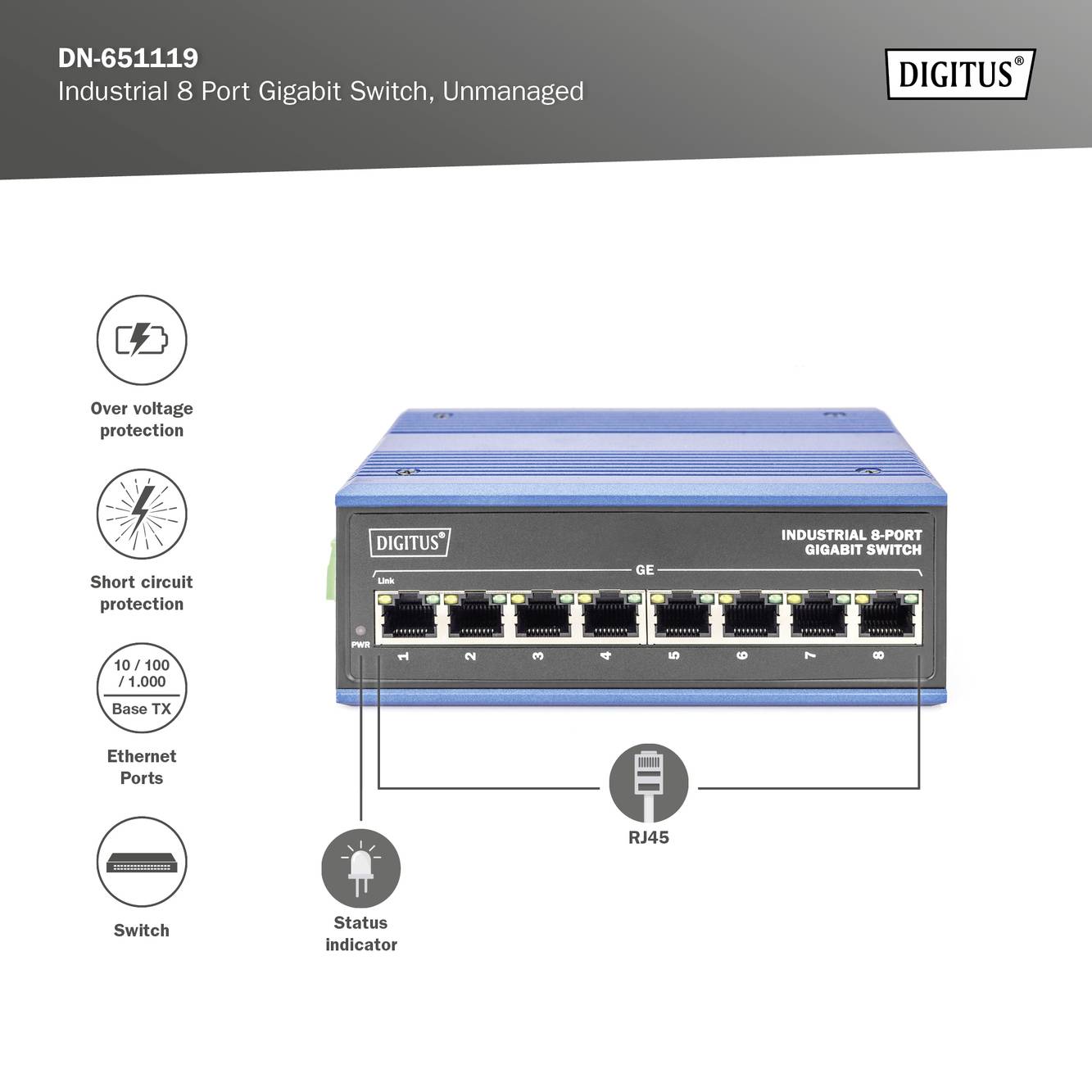 'Industrial 8 Port Gigabit Switch' mit acht Ethernet-Ports und Statusanzeige. Enthält Symbole für Überspannungs- und Kurzschlussschutz.