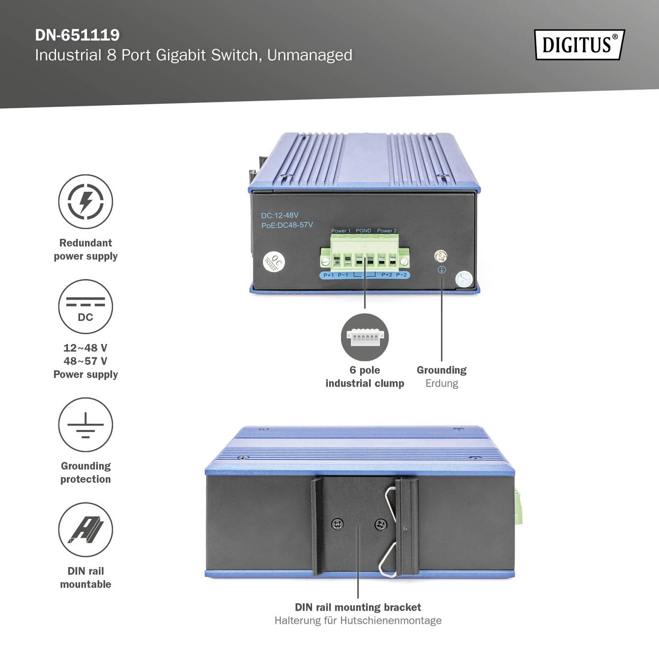 Industrieller 8-Port-Gigabit-Switch von Digitus, Modell DN-651119, unverwaltet, unterstützt redundante Stromversorgung und DIN-Schienenmontage.