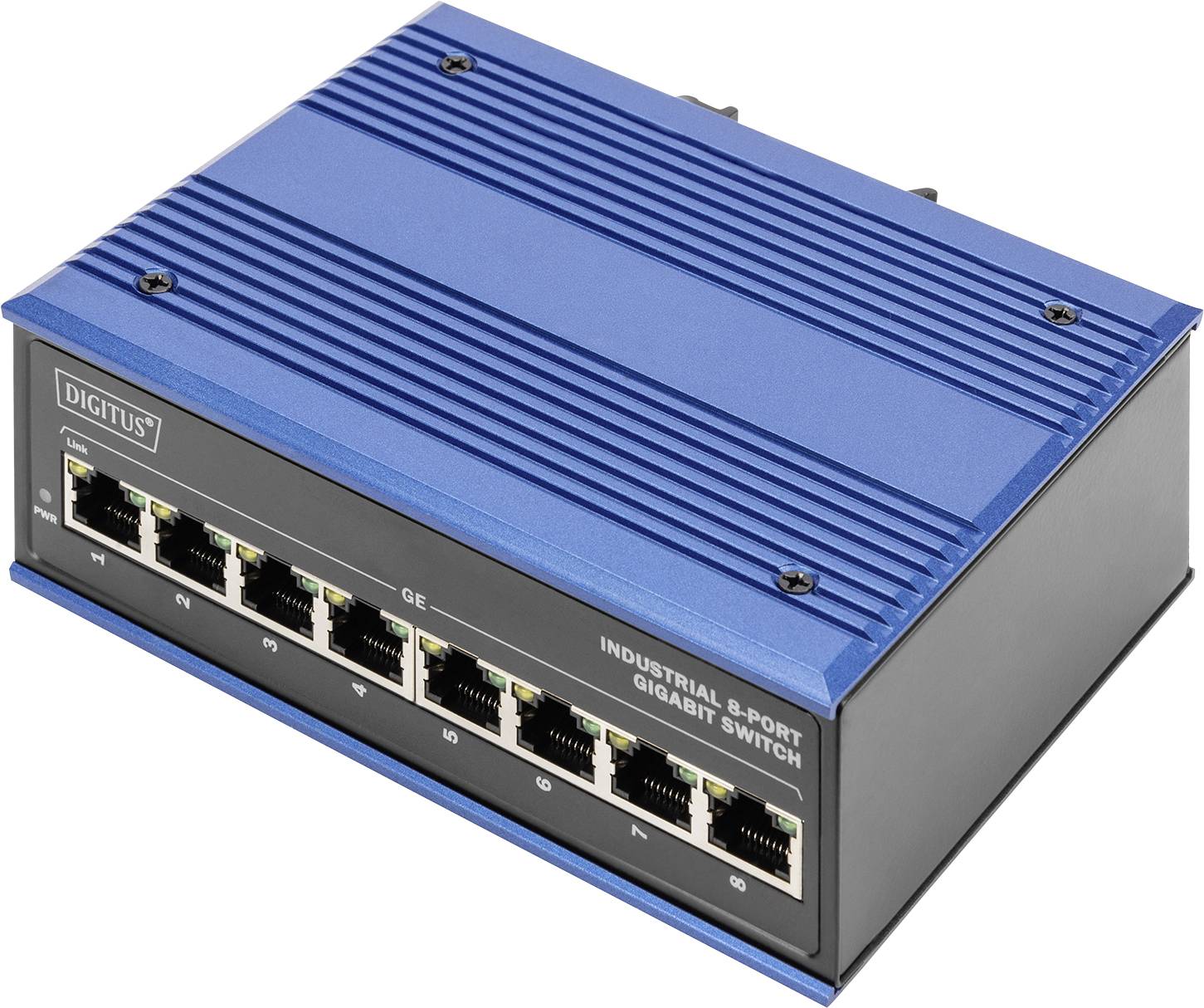 Ein blauer 8-Port-Gigabit-Switch mit Ethernet-Anschlüssen vorne. Ideal für industrielle Netzwerkanwendungen.