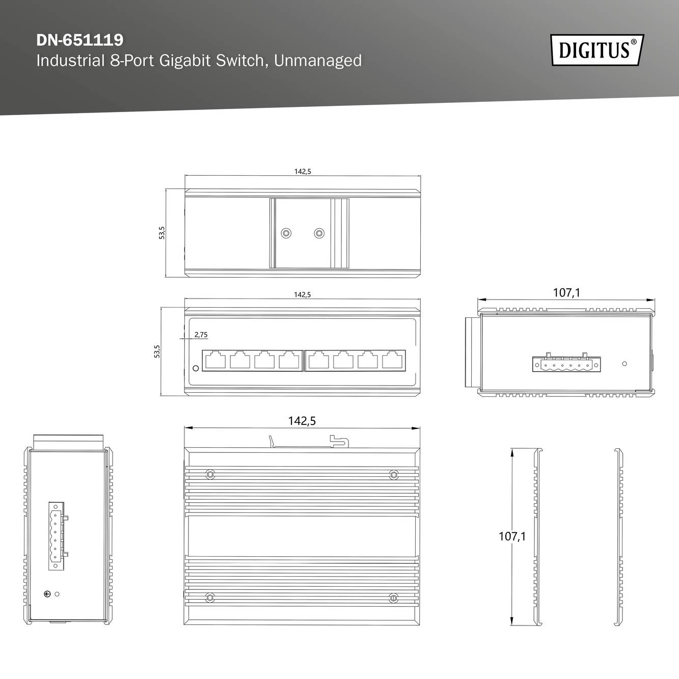 Technische Zeichnung eines industriellen 8-Port Gigabit Switch, unverwaltet, Modell DN-651119, mit Maßen in Millimetern.