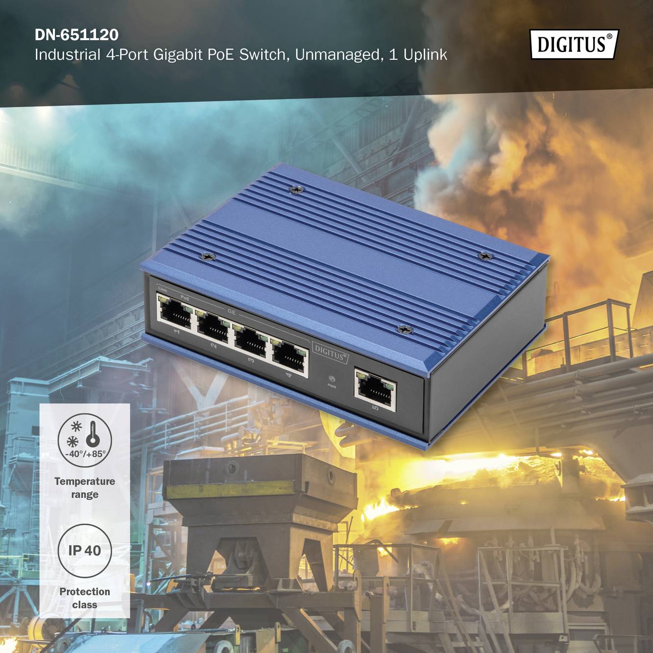 Industrieller 4-Port Gigabit PoE Switch vor einer Fabrikszene mit Rauch und Feuerflammen im Hintergrund, Produkt von 'Digitus'.