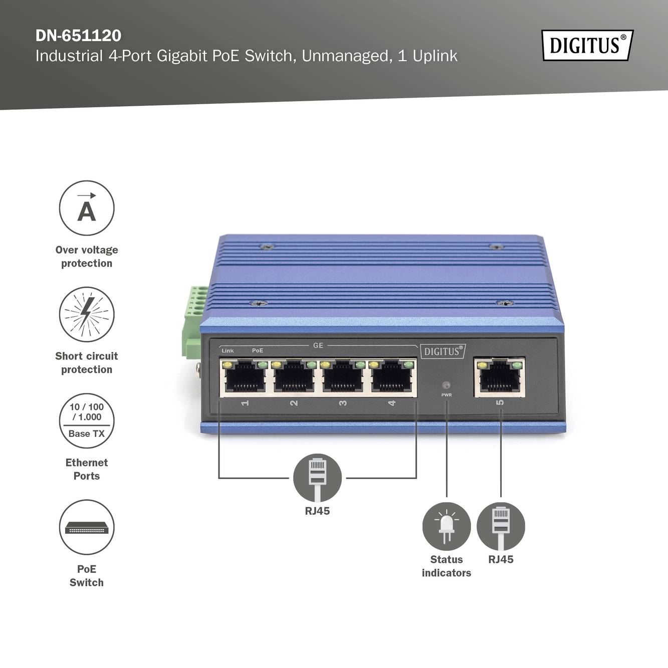 Industrieller 4-Port Gigabit PoE Switch mit einem Uplink. Blaue Metallbox mit RJ45-Ports und Statusanzeigen.