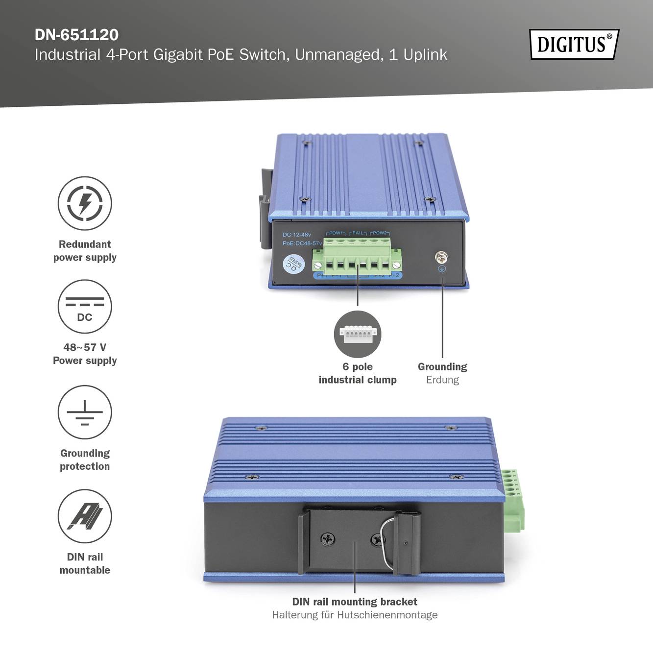Industrieller 4-Port Gigabit PoE-Switch mit redundantem Stromversorgung, 48-57 V Versorgung, Erdungsschutz, Hutschienenhalterung.