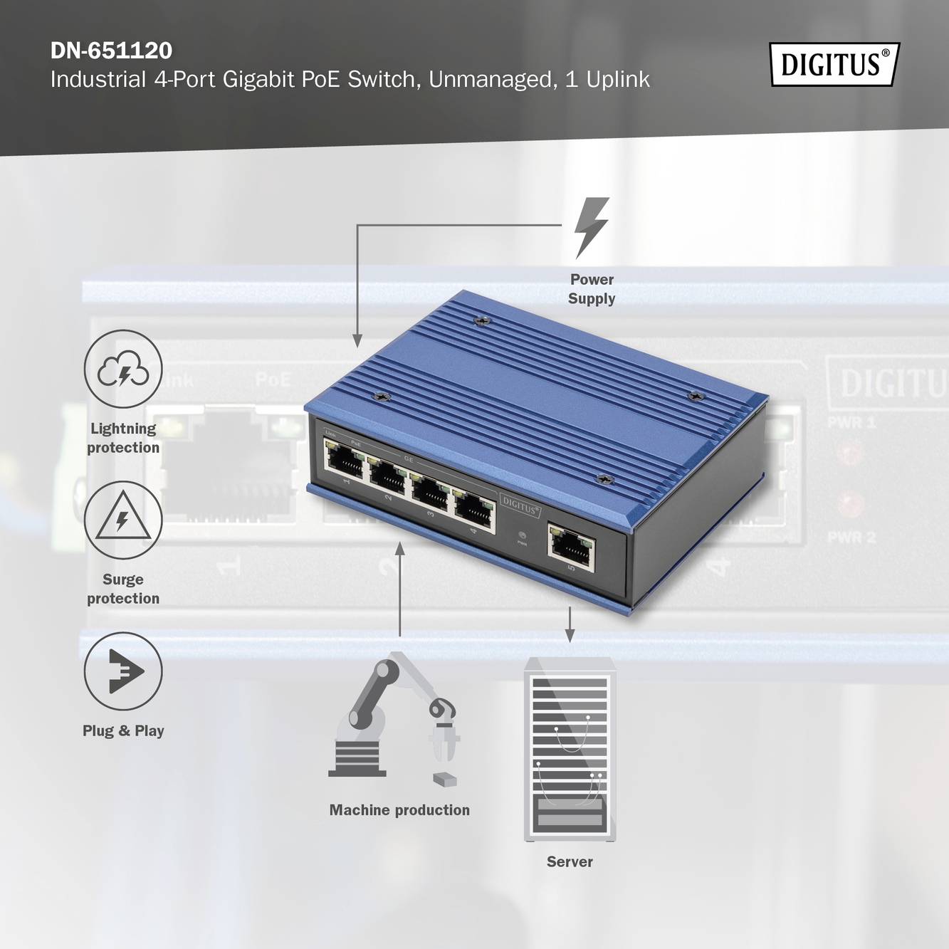 Ein blauer, industrieller 4-Port Gigabit PoE Switch von DIGITUS mit Leistungsanzeige und Überspannungsschutz. Modell DN-651120.