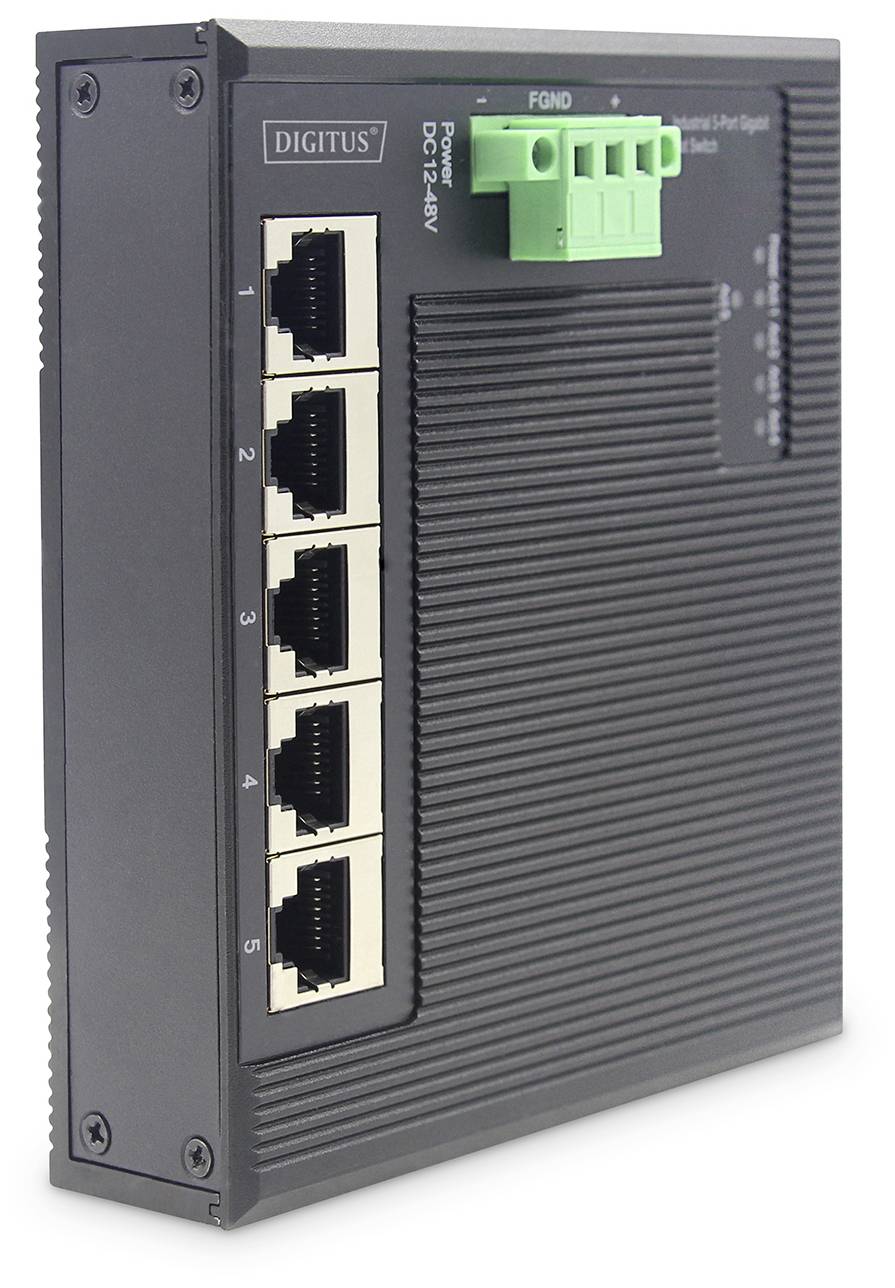Industrieller Ethernet-Switch mit sechs RJ45-Ports, ermöglicht Netzwerkanbindungen in rauen Umgebungen.